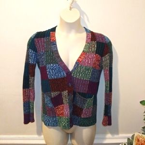 Vintage 70's Huk·A·Poo Boho, Hippie Multicolored Patchwork Cable Knit Cardigan